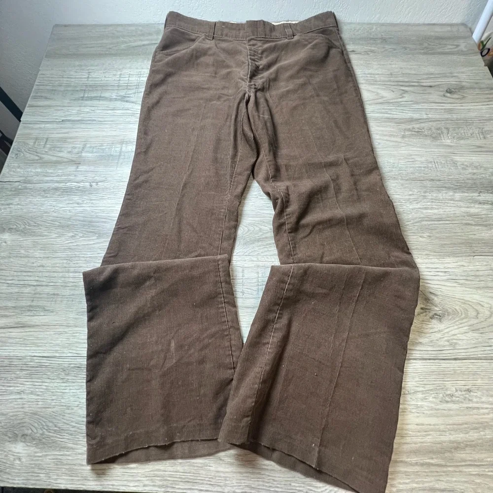 Vintage 70s Corduroy Pants Mens 35x32 Brown Flare Wide Leg Ideal Zipper Retro